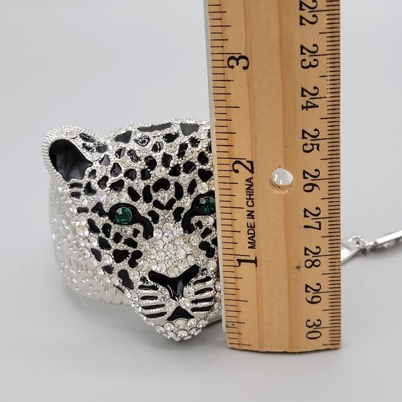 Large Leopard Head Rhinestone Bracelet Stretch Ring Set Hinged Green Crystal Eye - Picture 9 of 12